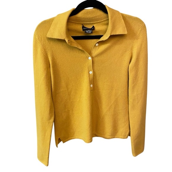 Sutton Studio 1/2 Buttoned 100% Cashmere Sweater Size M Mustard Quiet Luxury - Picture 2 of 8